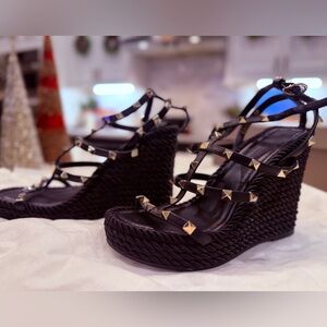 Black Studded Rope Platform Wedge Sandals | Valentino-Inspired | Size 37 - 38